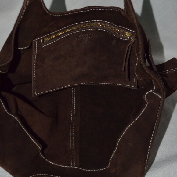 Ursula Beaugeste Dark Brown Suede Double Handle Tote Shoulder Handbag - Picture 5 of 6